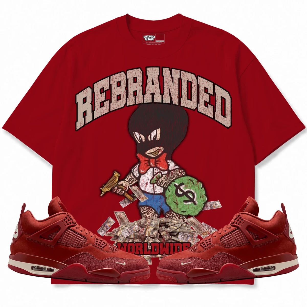 Rebranded Studios Money Man Air Jordan 4 Brick By Brick red shirt — front with sneakers