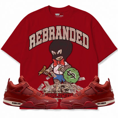 Rebranded Studios Money Man Air Jordan 4 Brick By Brick red shirt — front with sneakers
