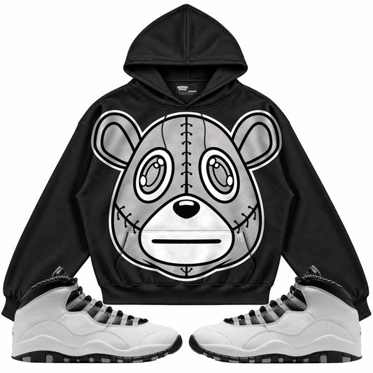 Rebranded Studios Rebranded Bear Air Jordan 10 Steel Black hoodie — front with sneakers