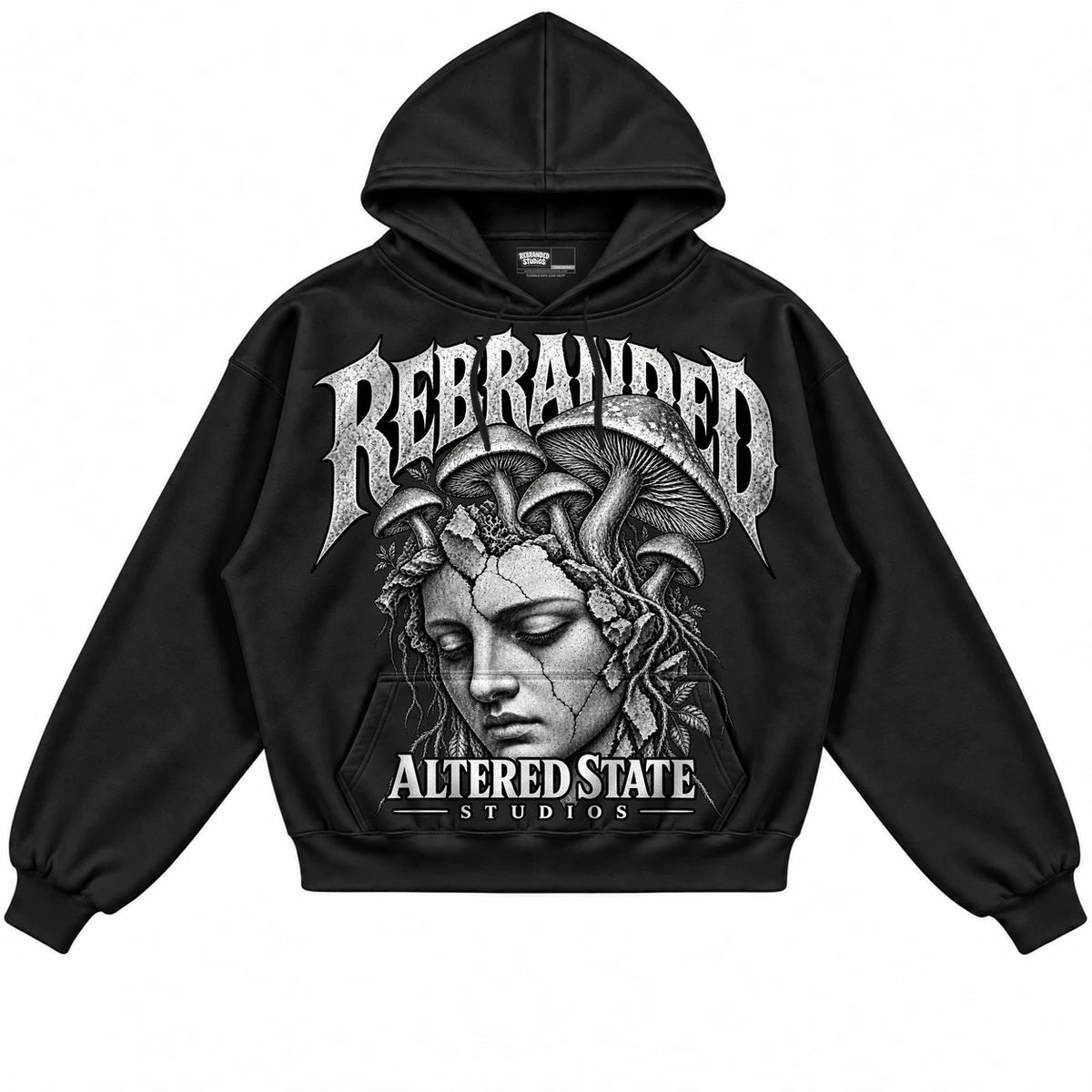 Rebranded Studios Altered State Air Jordan 8 Chrome Collection black hoodie — front