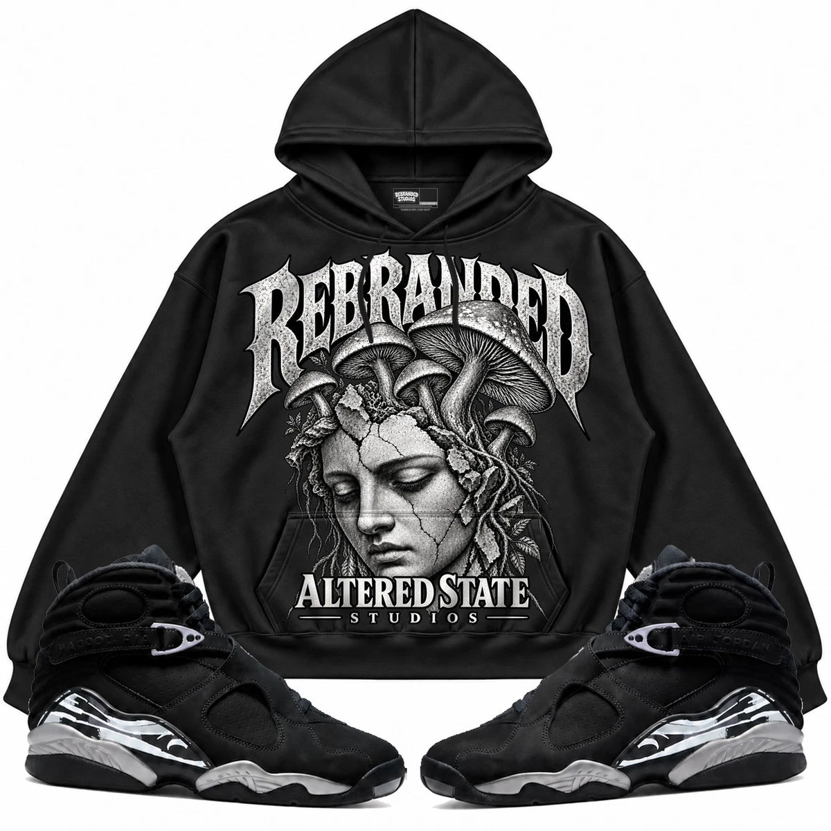 Rebranded Studios Altered State Air Jordan 8 Chrome Collection black hoodie — front with sneakers