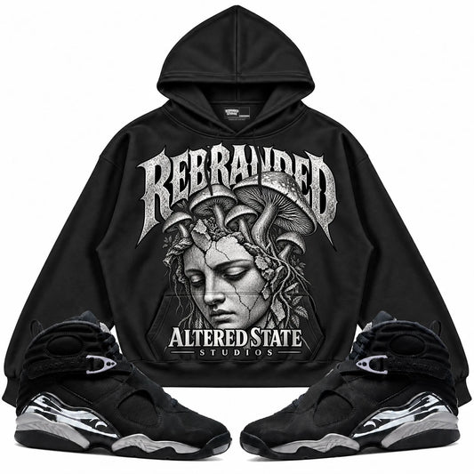 Rebranded Studios Altered State Air Jordan 8 Chrome Collection black hoodie — front with sneakers