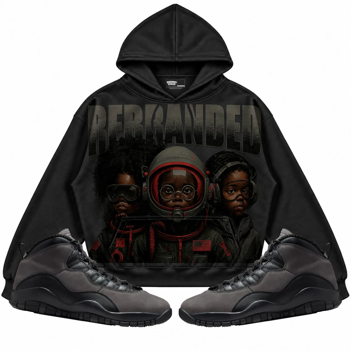 Rebranded Studios Future Air Jordan 10 Shadow Collection black hoodie — front with sneakers