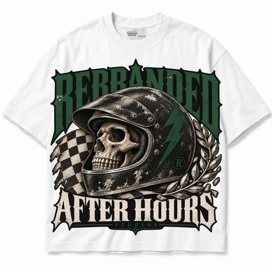 Rebranded Studios After Hours Air Jordan 14 Forest Green Collection white shirt — front — alternate view