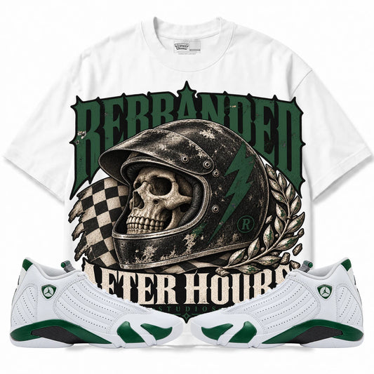 Rebranded Studios After Hours Air Jordan 14 Forest Green Collection white shirt — front with sneakers