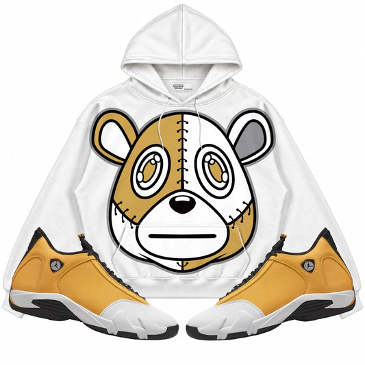 Rebranded Studios Rebranded Bear Air Jordan Retro 14 Ginger White hoodie — front with sneakers