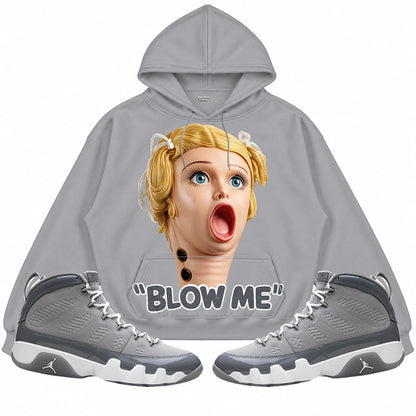 Rebranded Studios Blow Me Air Jordan 9 Cool Grey light gray hoodie — front with sneakers