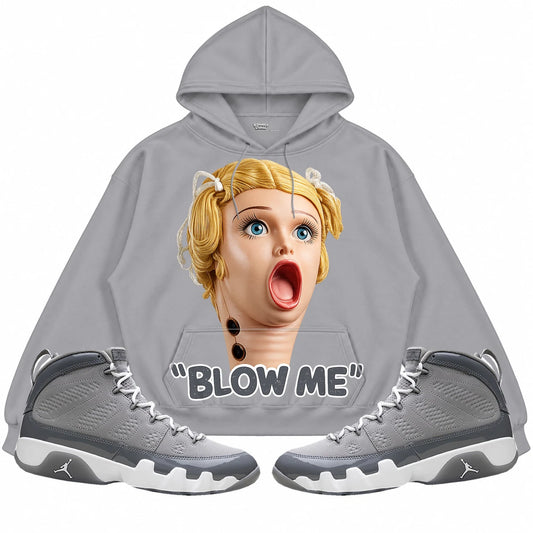 Rebranded Studios Blow Me Air Jordan 9 Cool Grey light gray hoodie — front with sneakers