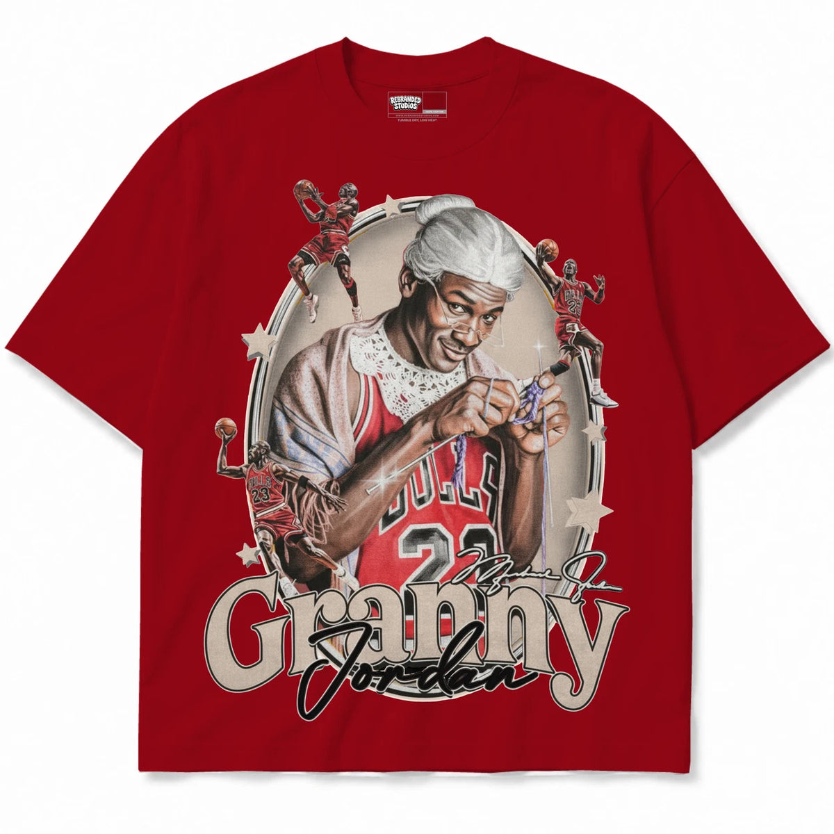Rebranded Studios Granny Jordan Air Jordan 4 Brick By Brick red shirt — front