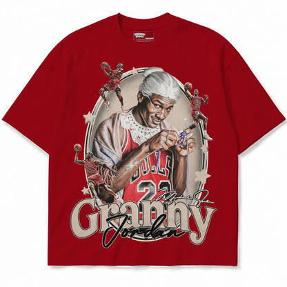 Rebranded Studios Granny Jordan Air Jordan 4 Brick By Brick red shirt — front