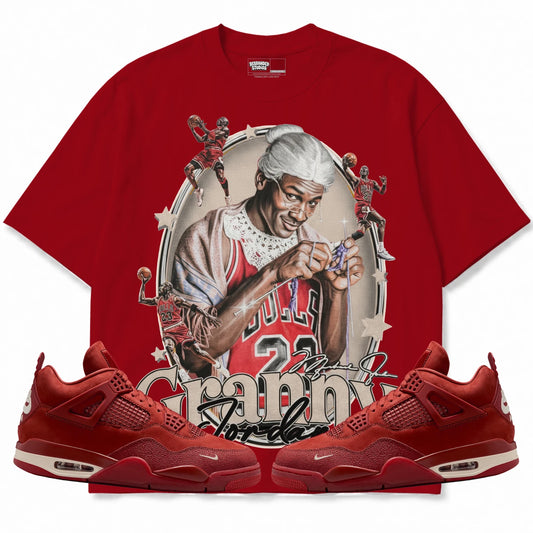 Rebranded Studios Granny Jordan Air Jordan 4 Brick By Brick red shirt — front with sneakers