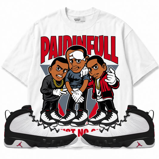 Rebranded Studios Paid In Full Trust No One Air Jordan 9 OG Space Jam Collection white shirt — front with sneakers