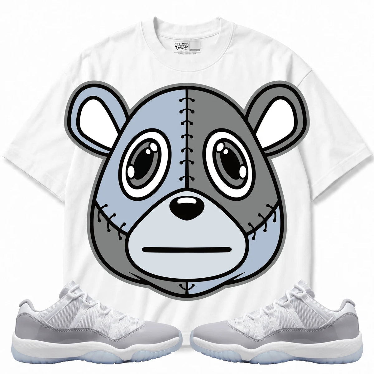 Rebranded Studios Rebranded Bear Air Jordan 11 Cement Grey Collection white shirt — front with sneakers