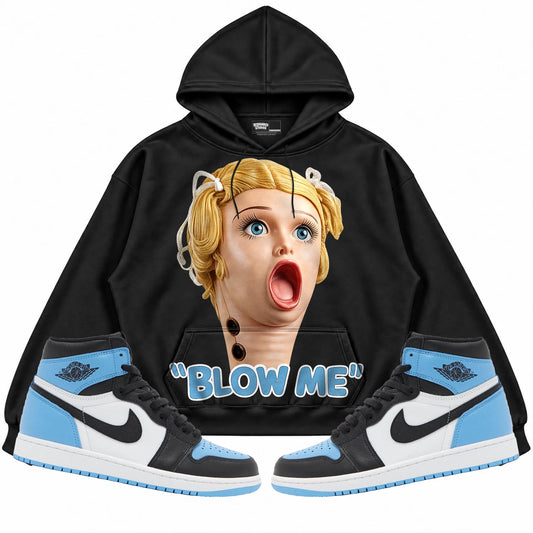 Rebranded Studios Blow Me Air Jordan 1 High OG UNC Toe Black hoodie — front with sneakers