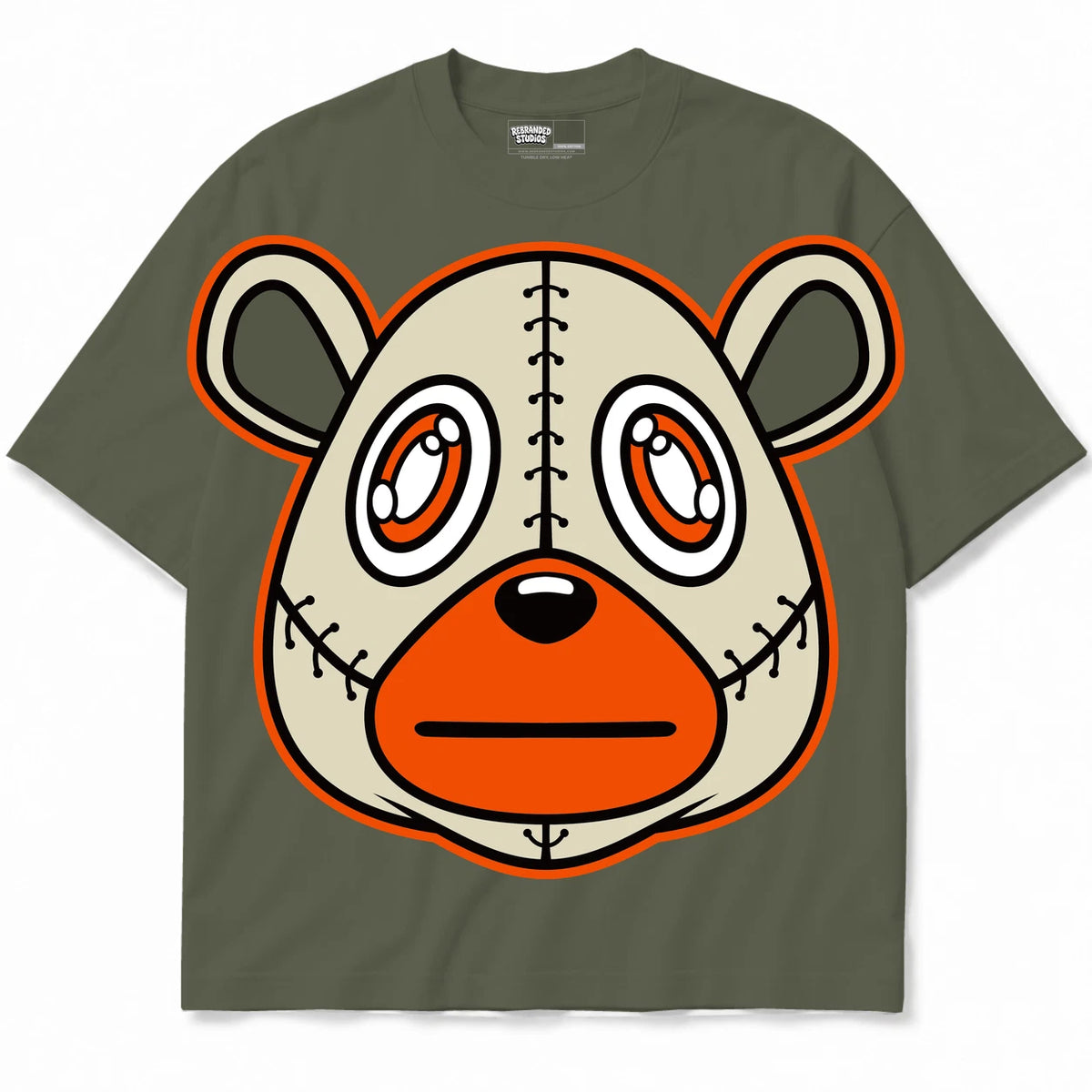 Rebranded Studios Rebranded Bear Air Jordan 4 Undefeated olive shirt — front