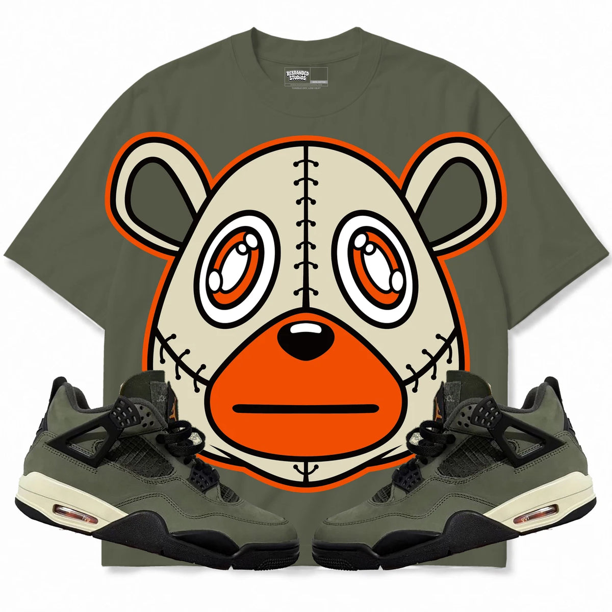 Rebranded Studios Rebranded Bear Air Jordan 4 Undefeated olive shirt — front with sneakers