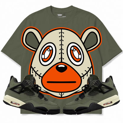 Rebranded Studios Rebranded Bear Air Jordan 4 Undefeated olive shirt — front with sneakers