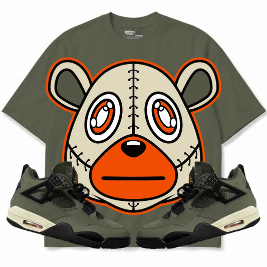Rebranded Studios Rebranded Bear Air Jordan 4 Undefeated olive shirt — front with sneakers