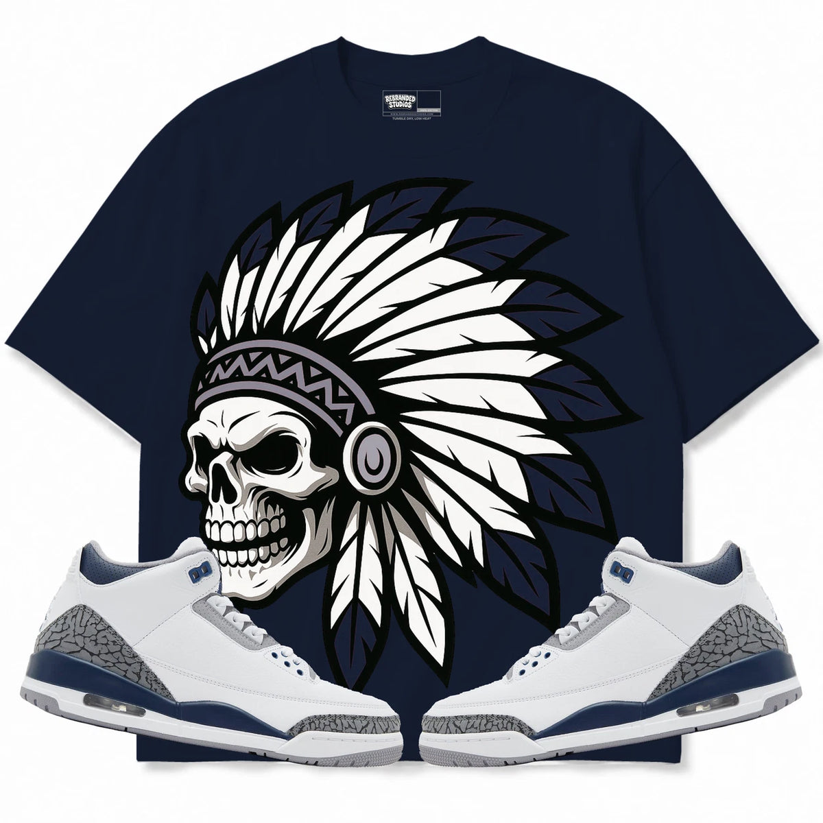 Rebranded Studios Chief 2.0 Air Jordan 3 White Navy Navy shirt — front with sneakers