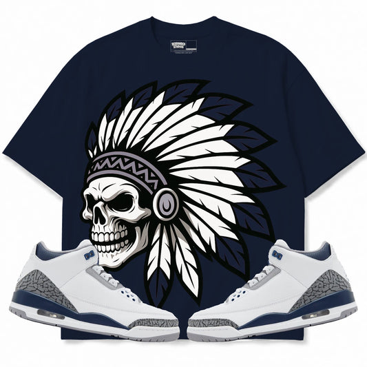 Rebranded Studios Chief 2.0 Air Jordan 3 White Navy Navy shirt — front with sneakers