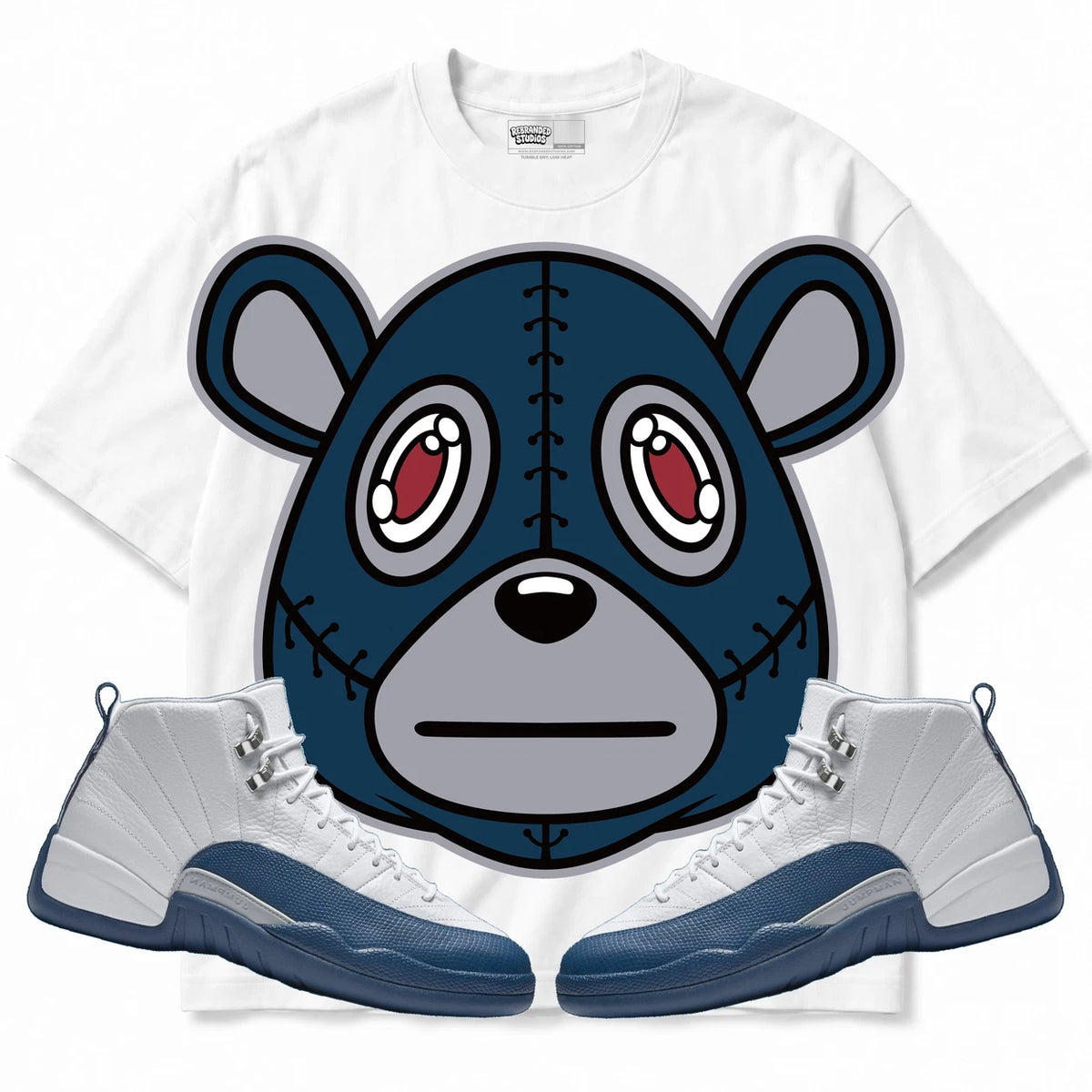 Rebranded Studios Rebranded Bear Air Jordan 12 French Blue White shirt — front with sneakers