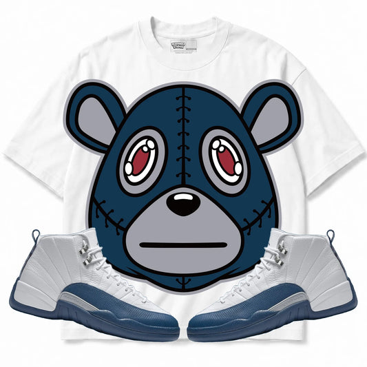 Rebranded Studios Rebranded Bear Air Jordan 12 French Blue White shirt — front with sneakers