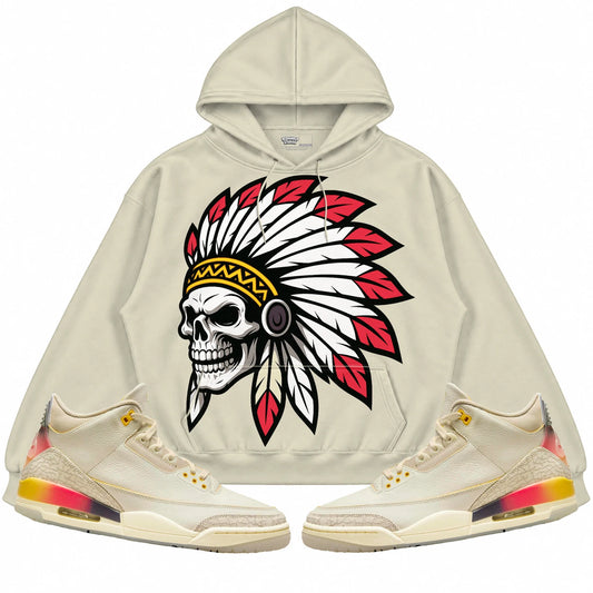 Rebranded Studios Chief 2.0 Air Jordan 3 J Balvin Medellín Sunset Cream hoodie — front with sneakers