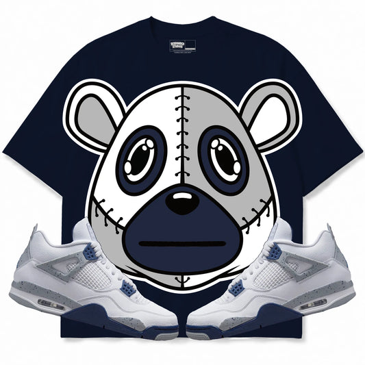 Rebranded Studios Rebranded Bear Air Jordan Retro 4 Midnight Navy Navy shirt — front with sneakers