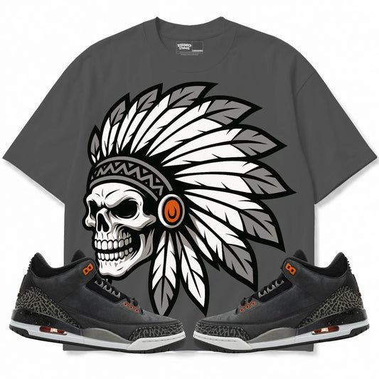Rebranded Studios Chief 2.0 Air Jordan 3 Fear Charcoal Gray shirt — front with sneakers