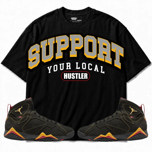Rebranded Studios Support Your Local Hustler Air Jordan Retro 7 Citrus Black shirt — front with sneakers