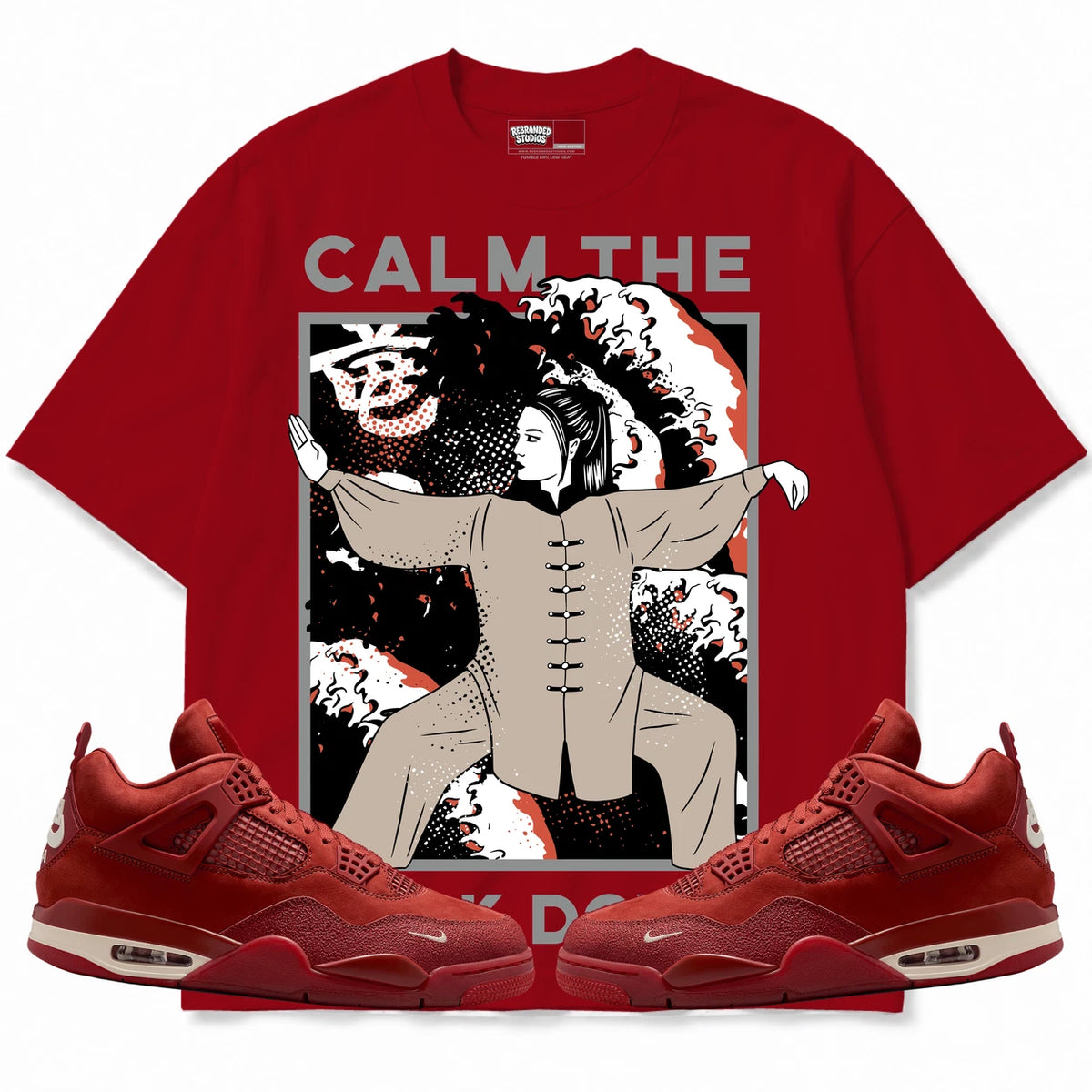 Rebranded Studios Calm TF Down Air Jordan 4 Brick By Brick red shirt — front with sneakers