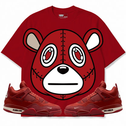 Rebranded Studios Rebranded Bear 2.0 Air Jordan 4 Brick By Brick red shirt — front with sneakers