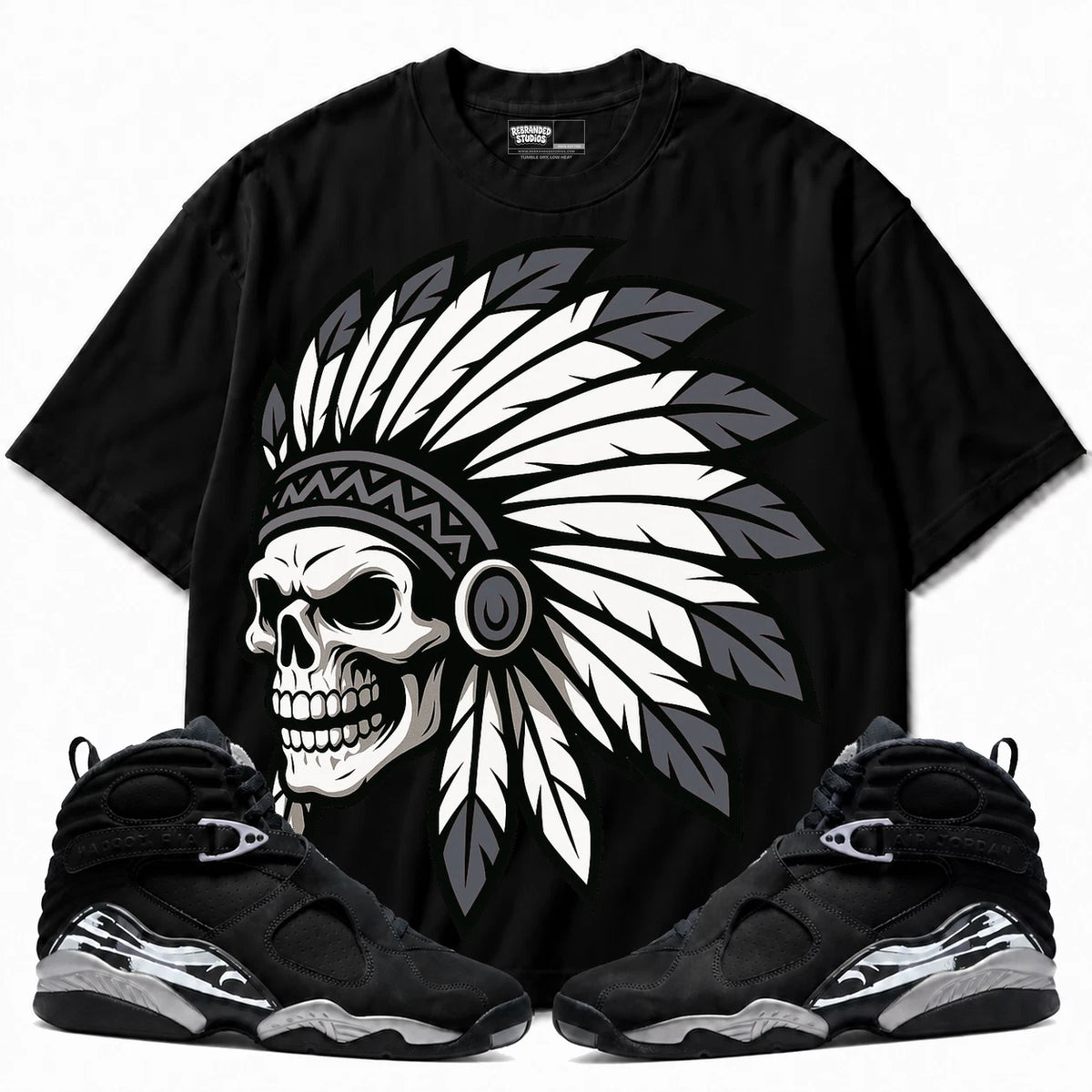 Rebranded Studios Chief 2.0 Air Jordan 8 Chrome black shirt — front with sneakers