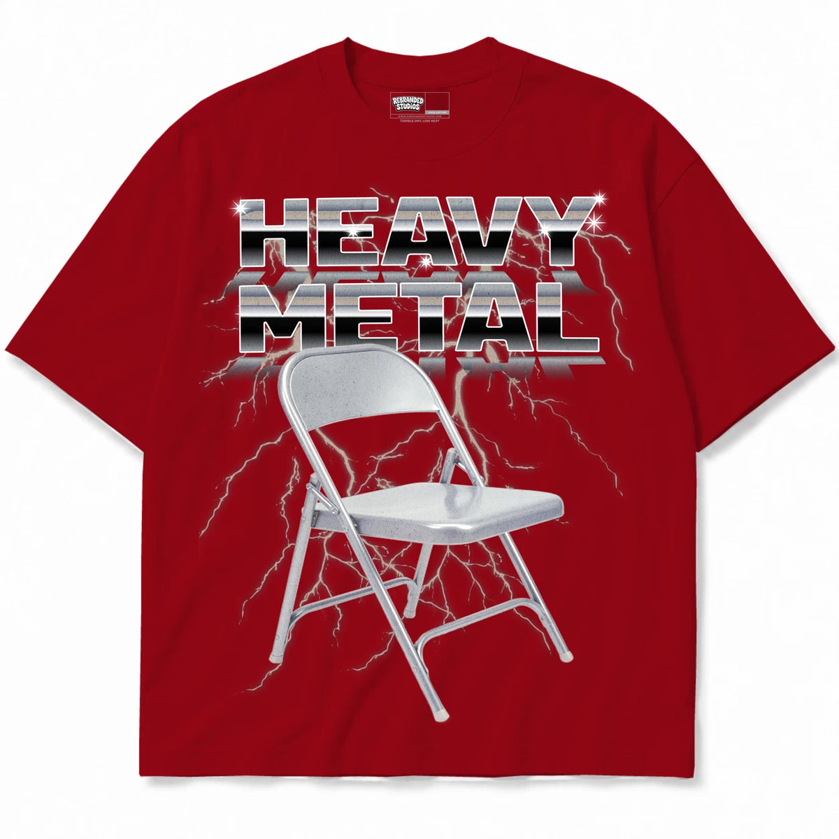 Rebranded Studios Heavy Metal Air Jordan 4 Brick By Brick red shirt — front