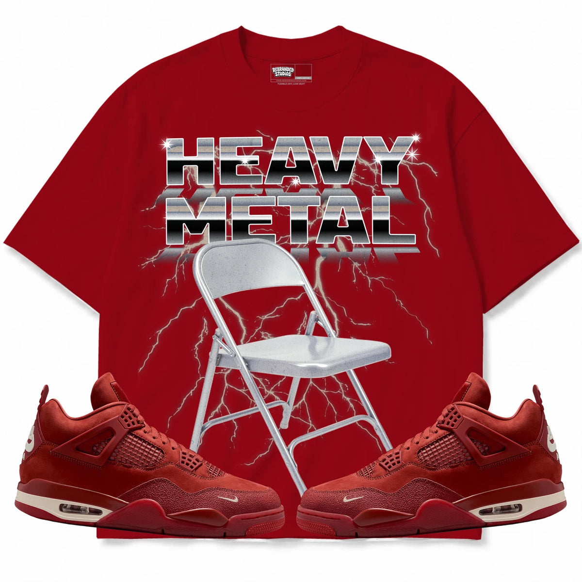 Rebranded Studios Heavy Metal Air Jordan 4 Brick By Brick red shirt — front with sneakers