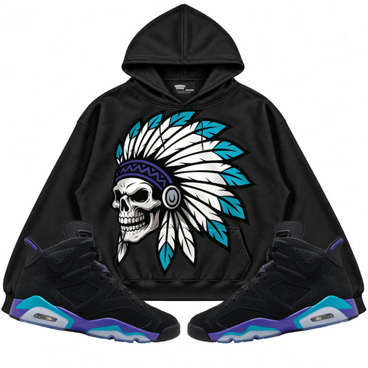 Rebranded Studios Chief 2.0 Air Jordan 6 Aqua Black hoodie — front with sneakers
