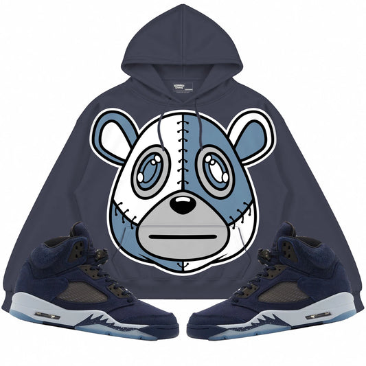 Rebranded Studios Rebranded Bear Air Jordan 5 Midnight Navy Collection dark midnight navy blue hoodie — front with sneakers
