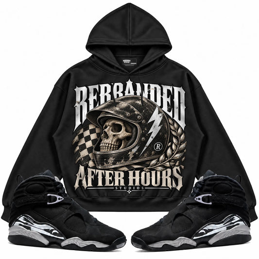 Rebranded Studios After Hours Air Jordan 8 Chrome Collection black hoodie — front with sneakers