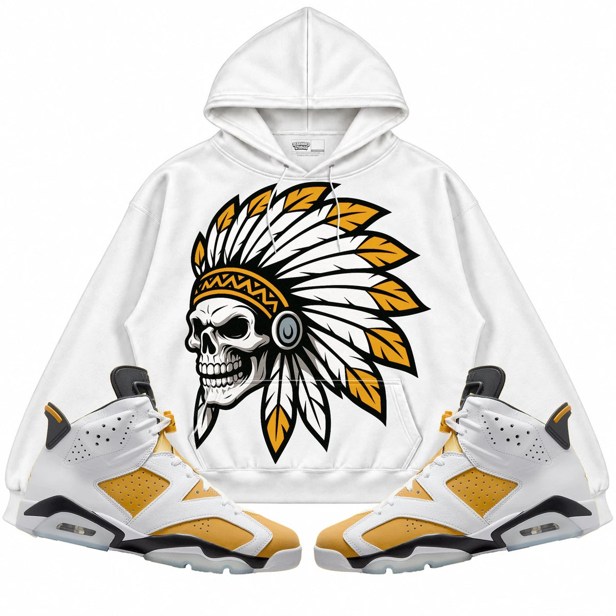 Rebranded Studios Chief 2.0 Air Jordan 6 Retro Yellow Ochre White hoodie — front with sneakers