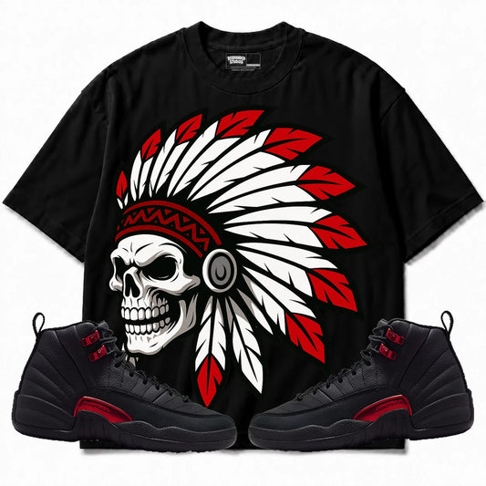 Rebranded Studios Chief 2.0 Air Jordan 12 Bloodline Black shirt — front with sneakers