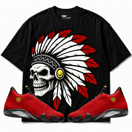 Rebranded Studios Chief 2.0 Air Jordan 14 Ferrari Black shirt — front with sneakers