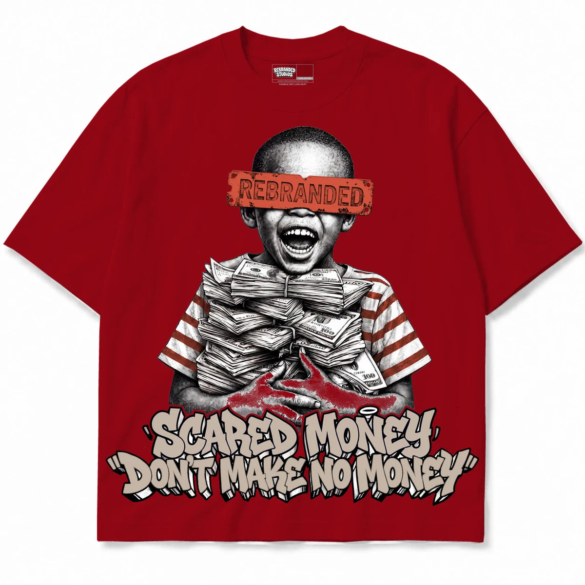 Rebranded Studios Scared Money Don't Make No Money Air Jordan 4 Brick By Brick red shirt — front