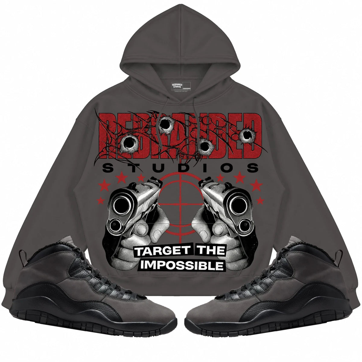 Rebranded Studios Target The Impossible Air Jordan 10 Shadow Collection dark charcoal gray hoodie — front with sneakers