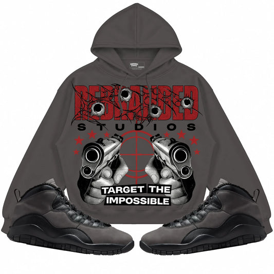 Rebranded Studios Target The Impossible Air Jordan 10 Shadow Collection dark charcoal gray hoodie — front with sneakers