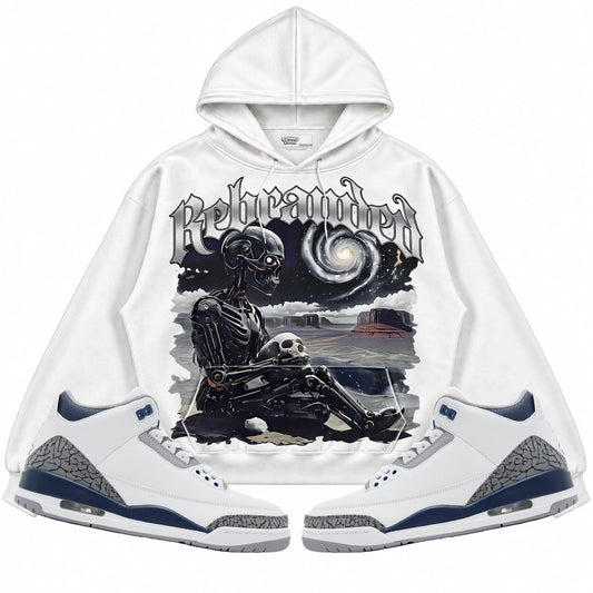 Rebranded Studios Rebranded Future Air Jordan 3 White Navy White hoodie — front with sneakers