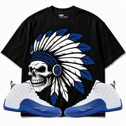 Rebranded Studios Chief 2.0 Air Jordan 12 Blueberry Black shirt — front with sneakers