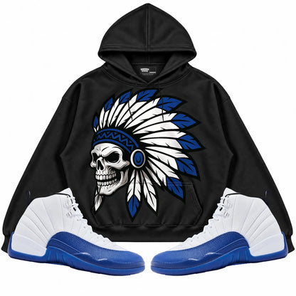 Rebranded Studios Chief 2.0 Air Jordan 12 Blueberry Black hoodie — front with sneakers