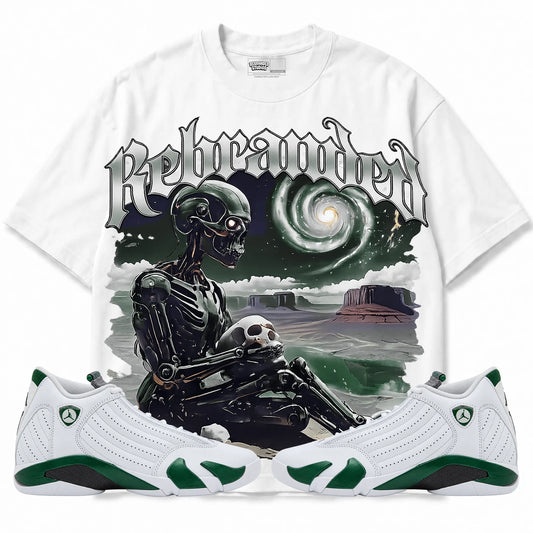 Rebranded Studios Rebranded Future Air Jordan 14 Forest Green white shirt — front with sneakers