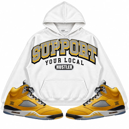 Rebranded Studios Support Your Local Hustler Air Jordan 5 Tokyo Collection White hoodie — front with sneakers