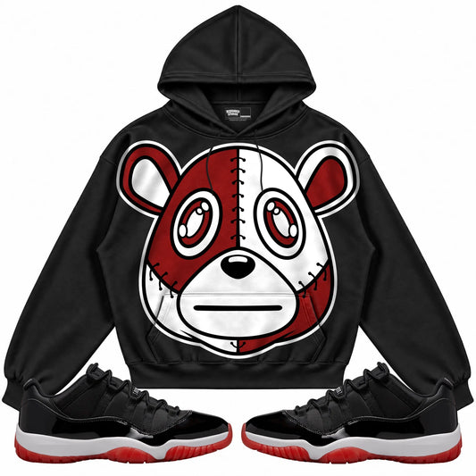 Rebranded Studios Rebranded Bear Air Jordan 11 Low Bred Black hoodie — front with sneakers